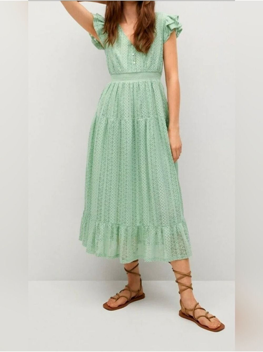 Mango Mint Green Lace Tiered Maxi Dress